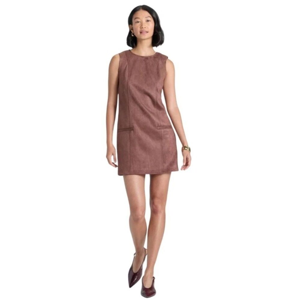 NWT Dark Brown Sz 16 Sleeveless Stretchy Soft Faux Suede Dress Pockets A NEW DAY